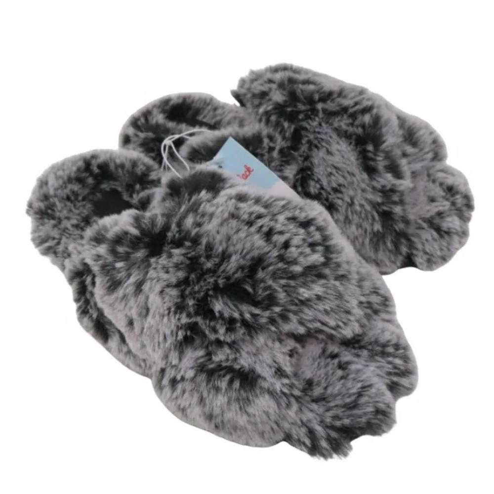 Cat & Jack Girls Faux‎ Fur Criss Cross Slippers Grey Black Medium 2/3 NEW